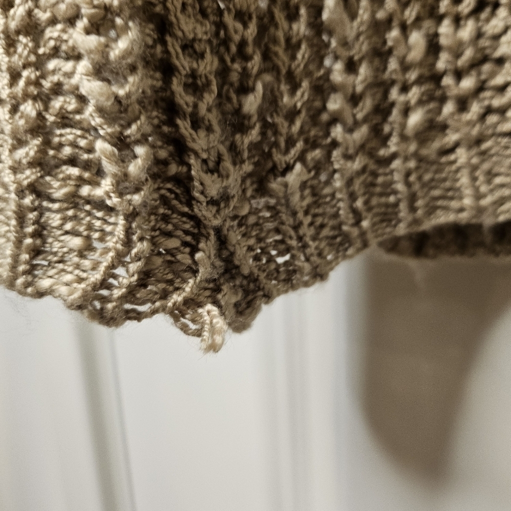Macaron Cardigan Sweater Small Neutral Beige White Striped Open Knit Pockets - Picture 6 of 8